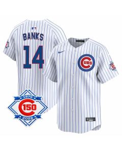 Youth Chicago Cubs #14 Ernie Banks White Home Vapor Limited 150th Anniversary Authentic Lettering Jersey