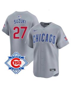 Youth Chicago Cubs #27 Seiya Suzuki Grey Nike Road Vapor Limited 150th Anniversary Authentic Lettering Jersey (Grey)