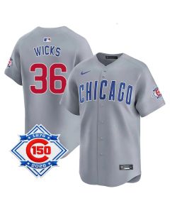 Youth Chicago Cubs #36 Jordan Wicks Grey Road Vapor Limited 150th Anniversary Authentic Lettering Jersey