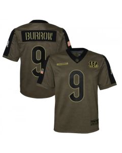 Youth Cincinnati Bengals #9 Joe Burrow 2021 Olive Salute To Service Limited Stitched Jersey