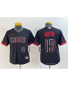 Youth Cincinnati Reds #19 Joey Votto Black 2023 City Connect With Patch Stitched Baseball Jersey