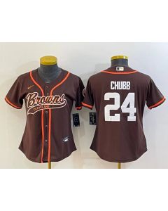 Youth Cleveland Browns #24 Nick Chubb Brown With Patch Cool Base Stitched Baseball Jersey