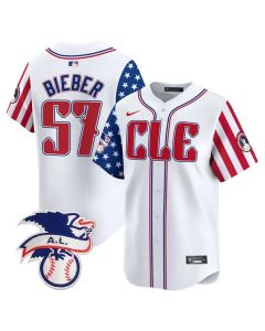 Youth Cleveland Guardians #57 Shane Bieber White 2024 Fourth Of July Vapor Premier Limited Jersey