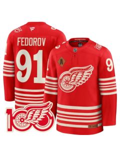Youth Detroit Red Wings #91 Sergei Fedorov Red 2025 Centennial Premium With 100 and P Patch And A Patch Stitched Hockey Jersey