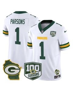 Youth Green Bay Packers #1 Micah Parsons White 2026 100th Season & Home Patch Vapor F.U.S.E. Limited Jersey (Green White)