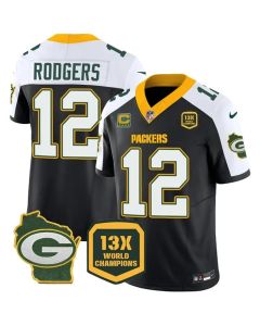 Youth Green Bay Packers #12 Aaron Rodgers Black 2023 F.U.S.E. Home Patch With 4-Star C Patch 13 Time World Champions Vapor Untouchable Limited Jersey (Green Black)