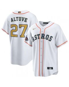 Youth Houston Astros #27 Jose Altuve White 2023 Gold Collection With World Series Champions Patch Stitched Baseball Jersey