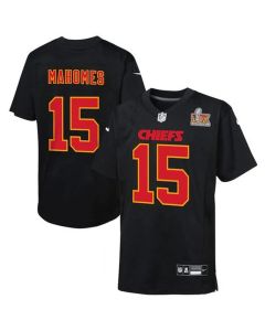 Youth Kansas City Chiefs #15 Patrick Mahomes Carbon Black Super Bowl LIX Patch Fashion Game Jersey (Black)