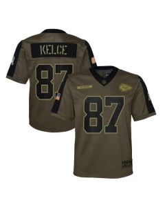 Youth Kansas City Chiefs #87 Travis Kelce 2021 Olive Salute To Service Limited Stitched Jersey