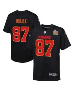 Youth Kansas City Chiefs #87 Travis Kelce Carbon Black Super Bowl LIX Patch Fashion Game Jersey