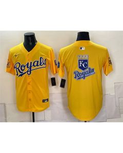 Youth Kansas City Royals Team Big Logo Gold Sluggerrr Patch Vapor Limited Stitched Baseball Jersey (Style 2)