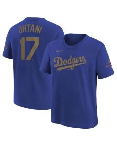 Youth Los Angeles Dodgers #17 Shohei Ohtani Royal 2025 Gold Collection Name & Number T-Shirt (Style 2)