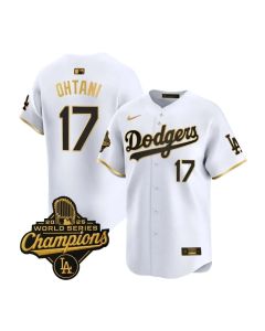 Youth Los Angeles Dodgers #17 Shohei Ohtani White Golden 2025 World Series Champions Home Limited Jersey (White)