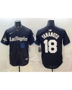 Youth Los Angeles Dodgers #18 Yoshinobu Yamamoto Black 2025 World Series Champions Patch "Gothic Edition" Vapor Premier Limited Stitched Baseball Jersey (Black)