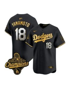 Youth Los Angeles Dodgers #18 Yoshinobu Yamamoto Black Golden 2025 World Series Champions Home Limited Jersey (Black)