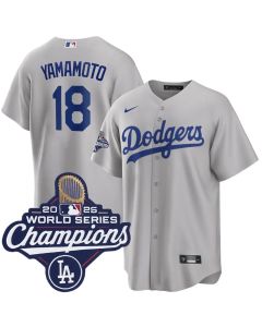 Youth Los Angeles Dodgers #18 Yoshinobu Yamamoto Gray 2025 World Series Champions Home Replica Jersey (Gray)