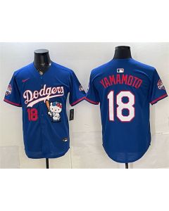 Youth Los Angeles Dodgers #18 Yoshinobu Yamamoto Royal Hello Kitty Night 2025 World Series Champions Patch Stitched Baseball Jersey (Royal)