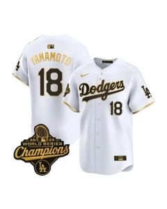 Youth Los Angeles Dodgers #18 Yoshinobu Yamamoto White Golden 2025 World Series Champions Home Limited Jersey (White)