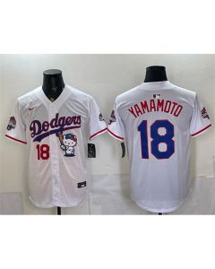 Youth Los Angeles Dodgers #18 Yoshinobu Yamamoto White Hello Kitty Night 2025 World Series Champions Patch Stitched Baseball Jersey (White)