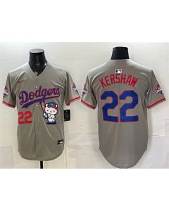 Youth Los Angeles Dodgers #22 Clayton Kershaw Grey Hello Kitty Night 2025 World Series Champions Patch Stitched Baseball Jersey (Grey)