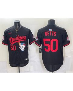 Youth Los Angeles Dodgers #50 Mookie Betts Black Hello Kitty Night 2025 World Series Champions Patch Stitched Baseball Jersey (Black)