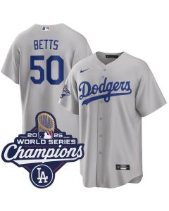 Youth Los Angeles Dodgers #50 Mookie Betts Gray 2025 World Series Champions Home Replica Jersey (Gray)