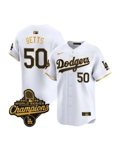 Youth Los Angeles Dodgers #50 Mookie Betts White Golden 2025 World Series Champions Home Limited Jersey (White)