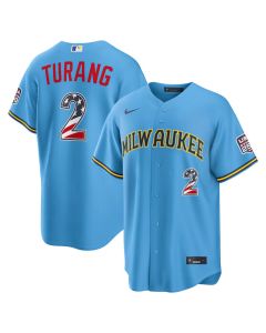 Youth Milwaukee Brewers #2 Brice Turang Nike Light Blue USA 250 Fourth of July Road Stadium Jersey (Blue)
