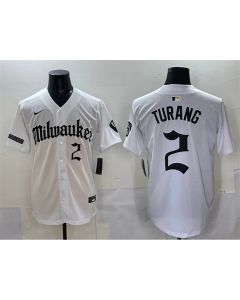 Youth Milwaukee Brewers #2 Brice Turang White "Gothic 414 Shadows Edition" Vapor Premier Limited Stitched Jersey (White)