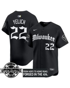 Youth Milwaukee Brewers #22 Christian Yelich Black Gothic Edition Bob Uecker Patch Vapor Premier Limited Stitched Baseball Jersey (Black)