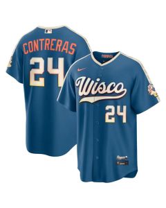 Youth Milwaukee Brewers #24 William Contreras Nike Mineral Blue 2026 City Connect Stadium Jersey