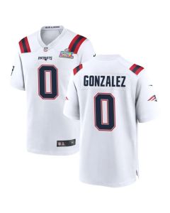 Youth New England Patriots #0 Christian Gonzalez White Super Bowl LX Patch Game Jersey (White)