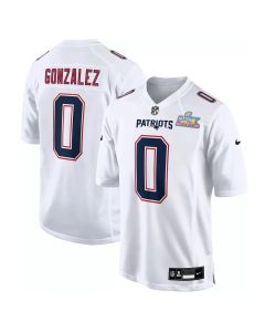 Youth New England Patriots #0 Christian Gonzalez White Super Bowl LX Patch Tundra Fashion Game Jersey (White)
