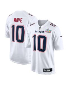 Youth New England Patriots #10 Drake Maye White Super Bowl LX Patch Tundra Fashion Game Jersey (White)