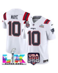 Youth New England Patriots #10 Drake Maye White Super Bowl LX Patch USA 250' Patch Vapor F.U.S.E. Limited Jersey (White)