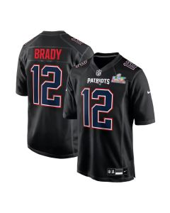 Youth New England Patriots #12 Tom Brady Black Super Bowl LX Patch Carbon Fashion Game Jersey (Black)