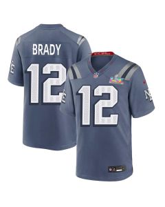 Youth New England Patriots #12 Tom Brady Blue Super Bowl LX Patch Rivalries Collection Game Jersey