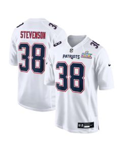 Youth New England Patriots #38 Rhamondre Stevenson White Super Bowl LX Patch Tundra Fashion Game Jersey