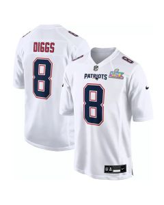 Youth New England Patriots #8 Stefon Diggs White Super Bowl LX Patch Tundra Fashion Game Jersey