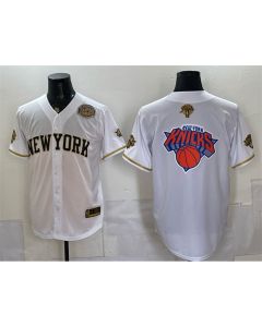 Youth New York Knicks Team Big Logo White Gold 2026 Finals & Eastern Conference Champions Patch Stitched Baseball Jersey (White Gold)