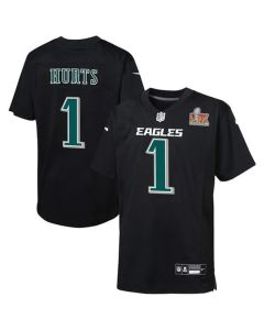 Youth Philadelphia Eagles #1 Jalen Hurts Carbon Black Super Bowl LIX Patch Fashion Game Player Jersey (Black)