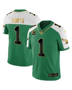 Youth Philadelphia Eagles #1 Jalen Hurts Kelly Green Alternate Gold With 3-Star C Patch Vapor Limited Jersey