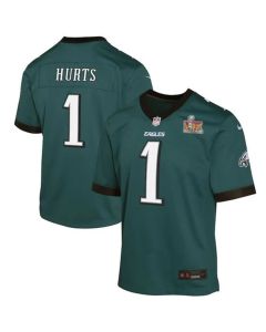 Youth Philadelphia Eagles #1 Jalen Hurts Midnight Green Super Bowl LIX Game Player Jersey (Green Midnight)