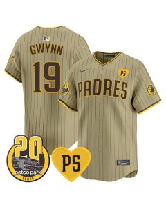 Youth San Diego Padres #19 Tony Gwynn Tan "For Peter" And Petco Park 20th Patch Limited Jersey