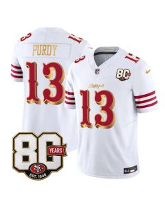 Youth San Francisco 49ers #13 Brock Purdy White 80th Anniversary Patch Rivalries Collection Vapor F.U.S.E. Untouchable Limited Jersey