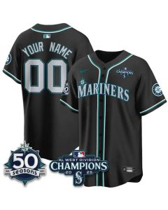 Youth Seattle Mariners Black 2025 champions And 50 Seasons Patch Baseball Custom Jersey (Black)
