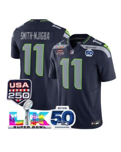 Youth Seattle Seahawks #11 Jaxon Smith-Njigba Navy Super Bowl LX Patch 50th Season & USA 250' Patch Vapor F.U.S.E. Limited Jersey (Navy)