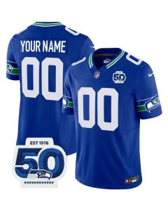 Youth Seattle Seahawks Active Player Custom Royal 2025 F.U.S.E 50th Anniversary Patch Throwback Vapor Limited Stitched Football Jersey (Royal)