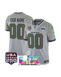 Youth Seattle Seahawks Custom Gray Super Bowl LX Patch 50th Season & USA 250' Patch Rivalries Collection Vapor F.U.S.E. Limited Jersey