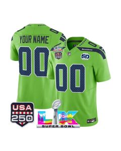 Youth Seattle Seahawks Custom Green Super Bowl LX Patch 50th Season & USA 250' Patch Vapor F.U.S.E. Limited Jersey (Green)
